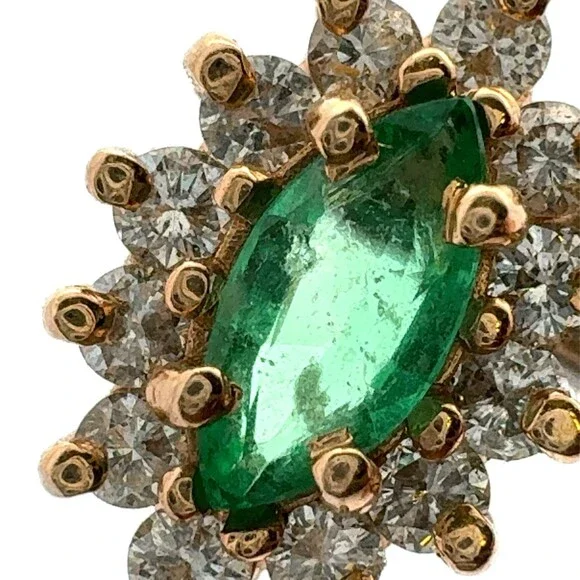 Estate 14k Yellow Gold Marquise Cut Emerald Diamond Halo Flower Stud Earrings
